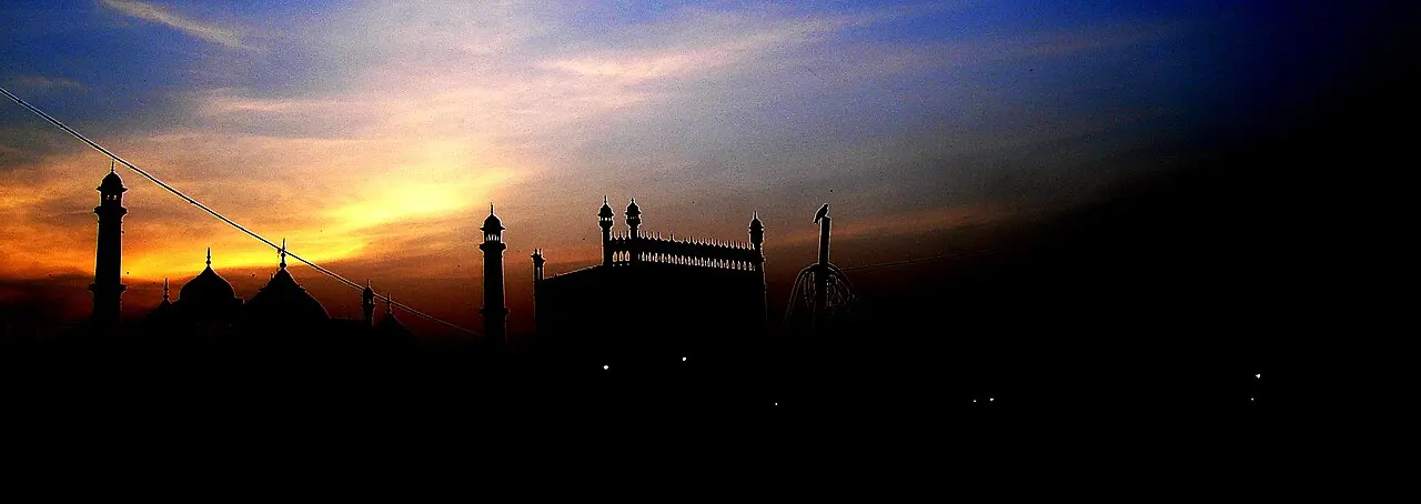 Historic Delhi skyline silhouetted against the setting sun