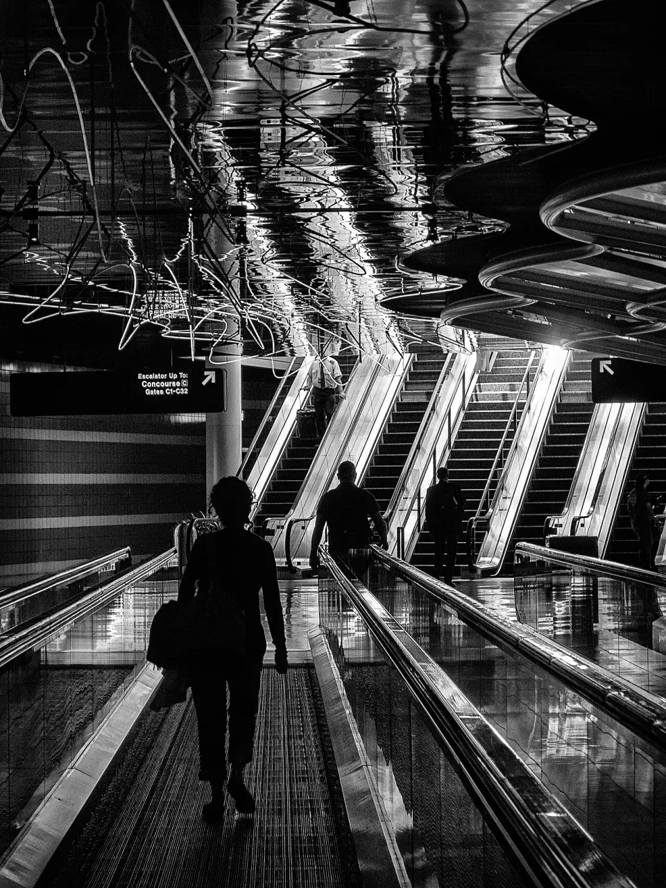People moving through a high-contrast illuminated gallery