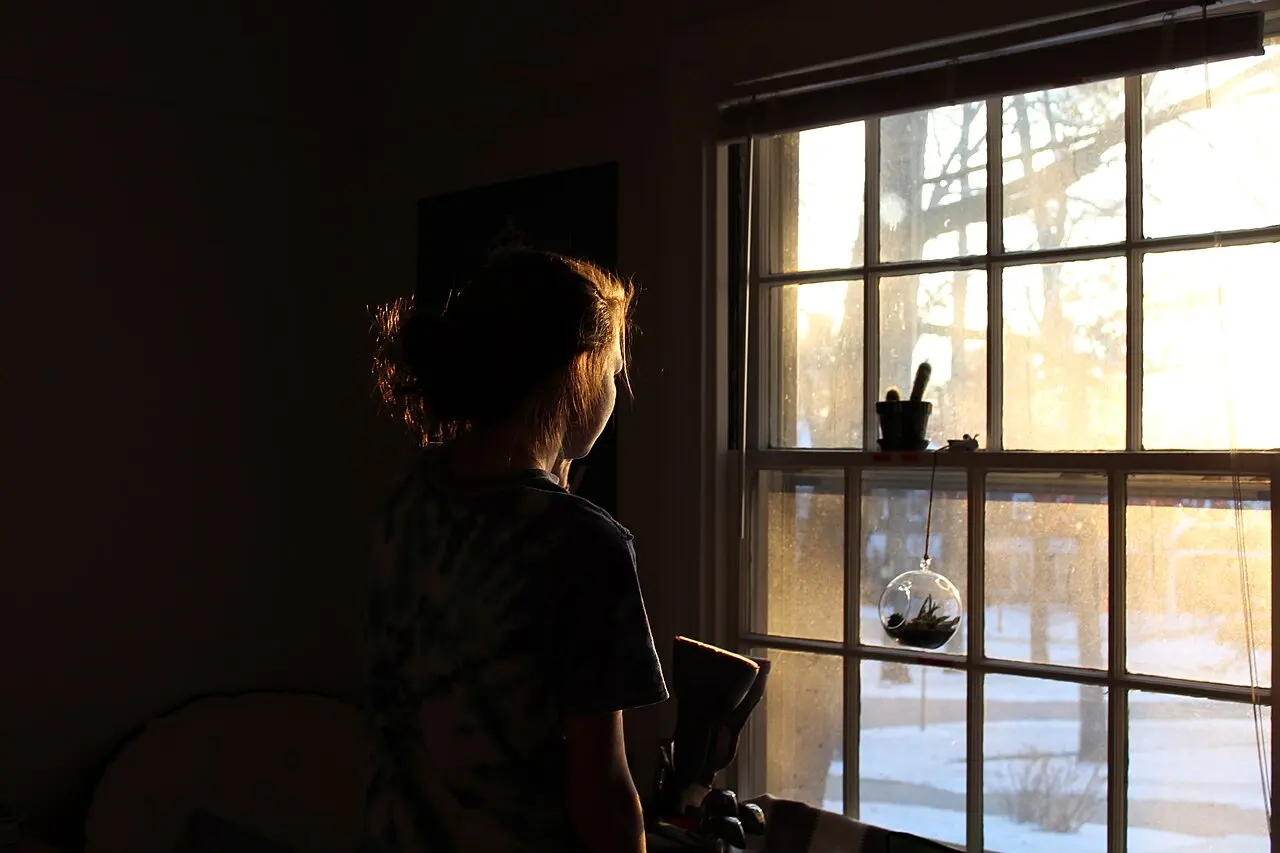 Silhouette of a woman looking through a sunlit window